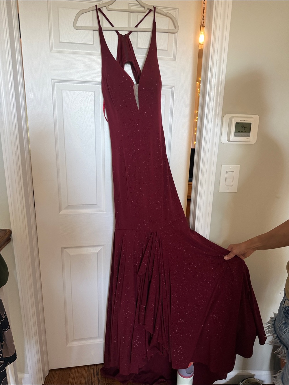 Elegant Burgundy Plunge Halter Prom Dress with Sparkle